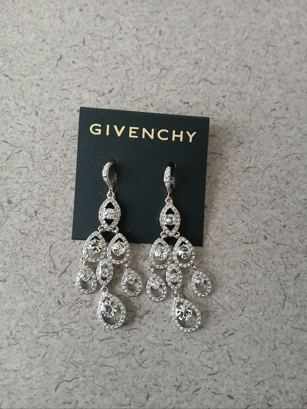 Givenchy Silver Crystal Teardrop Chandelier Earrings — Sparkling Clear Stones